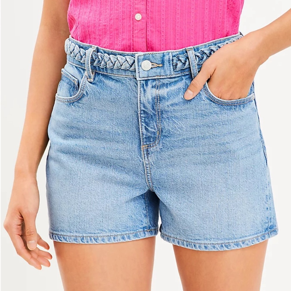 LOFT Shorts Braided Waist High Rise Denim Mid Indigo Wash Size 12